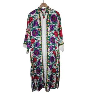 Ruth Norman Kaftan Maxi Dress Women's Small Neiman Marcus Floral Half Zip w Pads